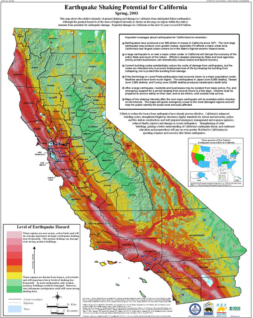Carte des lignes de faille de la Californie
